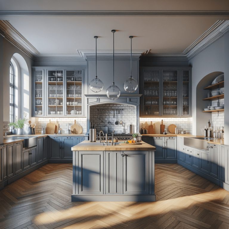 blaugraue Küche mit Stahlakzenten-Lübeck